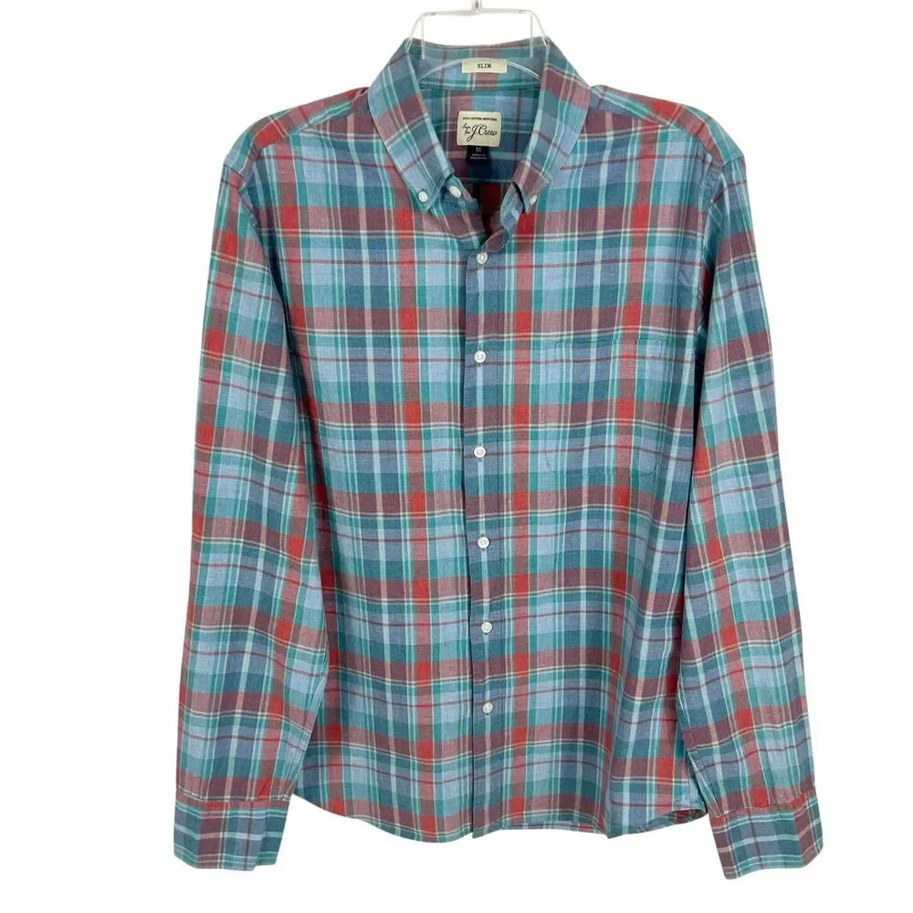 J Crew Slim 100% Cotton Shirting Blue Plaid Long Sleeve Button Shirt Men Medium